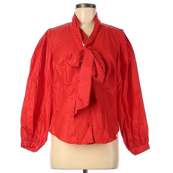 NY&C New York & Company Red Poplin Bow Front Button Up Blouse Medium NEW - Picture 9 of 10